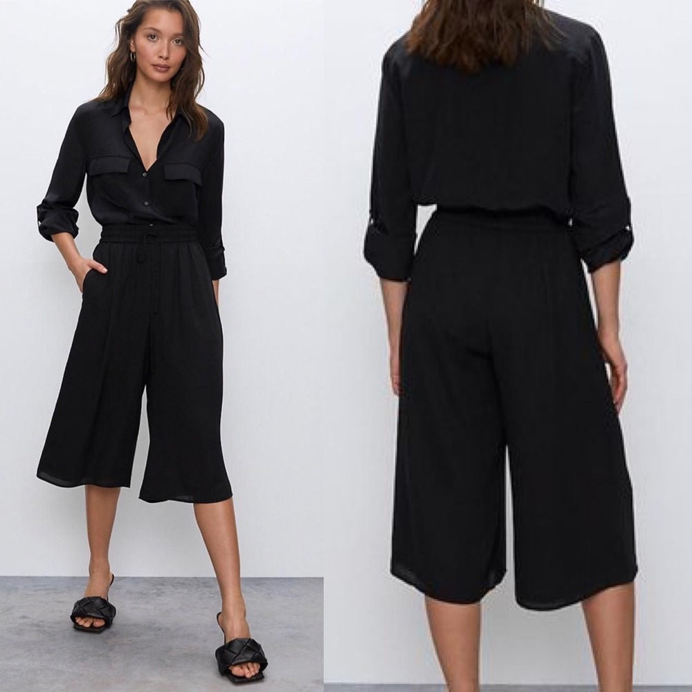 Aritzia Babaton Black Wide Leg Crop Elastic Waist Luis Pants Womens‎ XS Culotte
